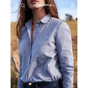 Sézane “Tomgirl” Shirt, Blue Chambray with White Swiss Dots, Cotton + Linen Sz 2